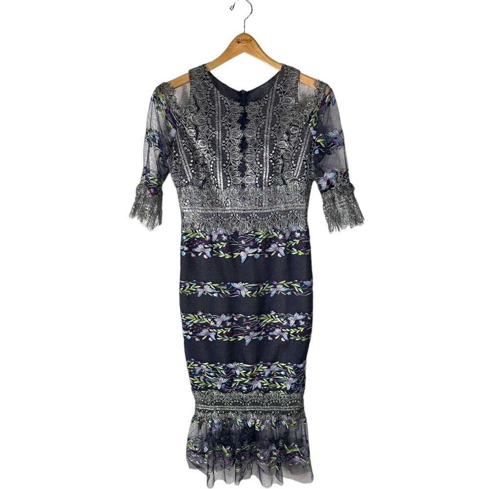 Marchesa Notte Cold Shoulder Metallic Lace Embroidered Tulle Dress - Picture 8 of 12